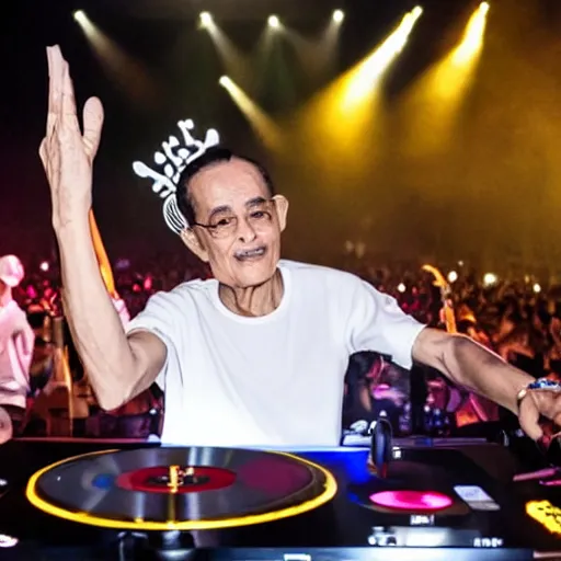 Image similar to DJ King Bhumibol spinning turntables during edm concert, photo, high quality