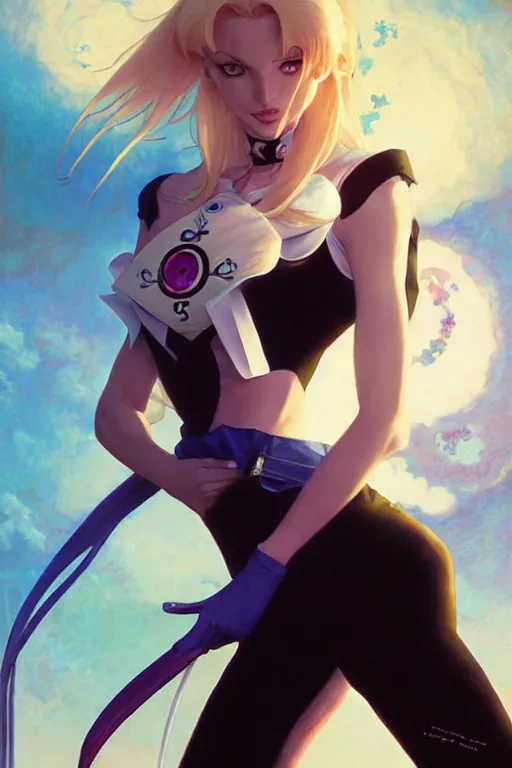 Image similar to blonde sailor moon as aeon flux, by Stanley Artgerm Lau, greg rutkowski, Craig mullins, Peter chung, thomas kindkade, alphonse mucha, loish,