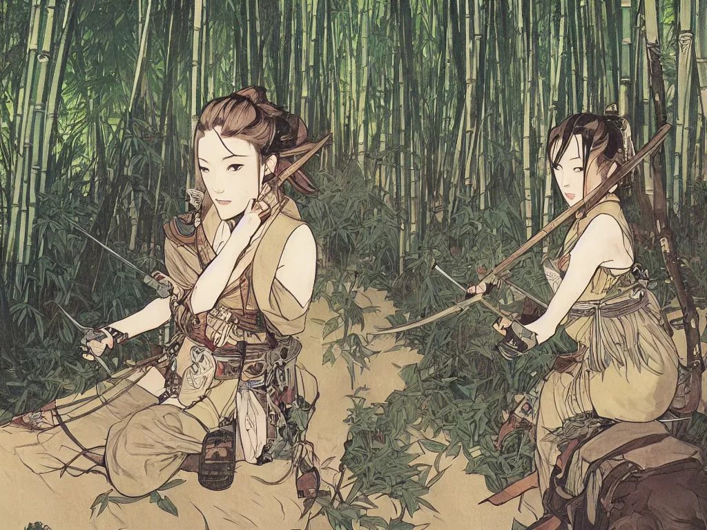 Prompt: a wandering samurai in full armor sitting in a dark bamboo forest, by fiona staples, range murata, alphonse mucha