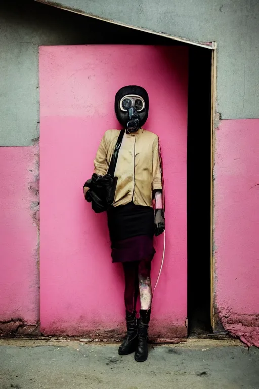 Image similar to a surreal portrait of a woman wearing a gas mask stuck in trash next to a pink wall in the style of brooke didonato, editorial fashion photography from vogue magazine, full shot, nikon d 8 1 0, ƒ / 2. 5, focal length : 8 5. 0 mm, exposure time : 1 / 8 0 0, iso : 2 0 0