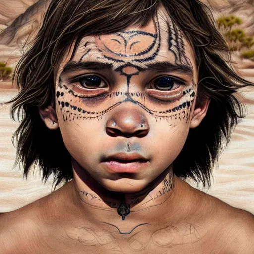 Image similar to a detailed portrait of a boy with a face tattoo in the desert, fantasy art illustration, incredibly highly detailed and realistic, 8 k, sharp focus