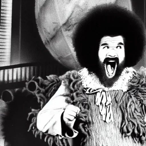 Image similar to bob ross screaming at the cowardly lion, wizard of oz