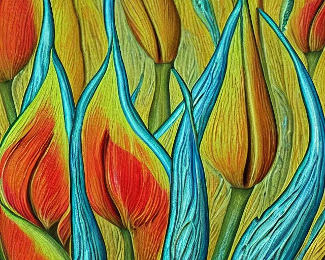 Prompt: rule of thirds intricate inside the tulip extreme closeup on a table - - a journey inside the physiology of plants, an ultrafine detailed painting by rafal olbinski, behance contest winner, pop surrealism, detailed painting, very detailed, minimalist, skeuomorphic, airbrush art