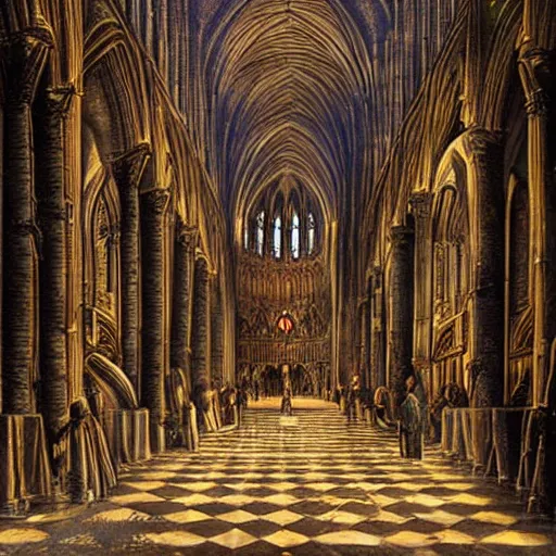 Prompt: Notre Dame interior. chocolate over a pedestal illuminated by a ray of light from a cathedral window. Wide Perspective. Realistic. Fantasy art