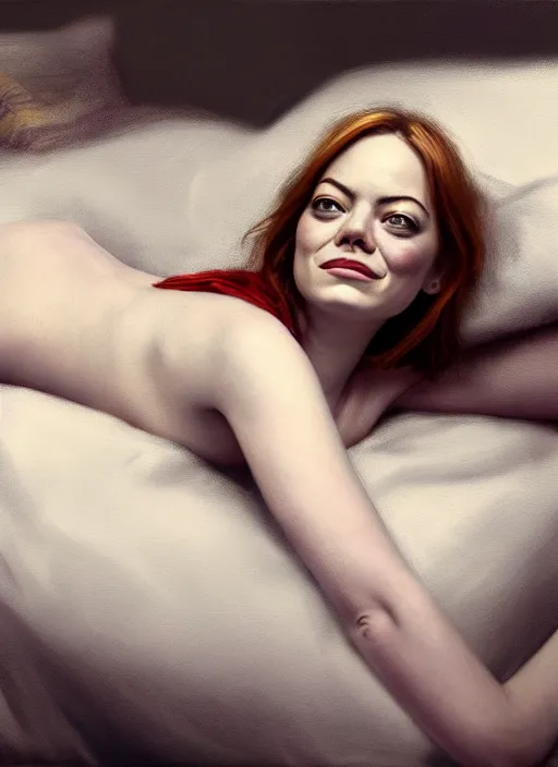 Image similar to emma stone lying in bed with clothes on, backround dark, highly detailed, digital illustration, trending in artstation, modern painting, smooth, sharp focus, intricate, einar jonsson, ilya repin