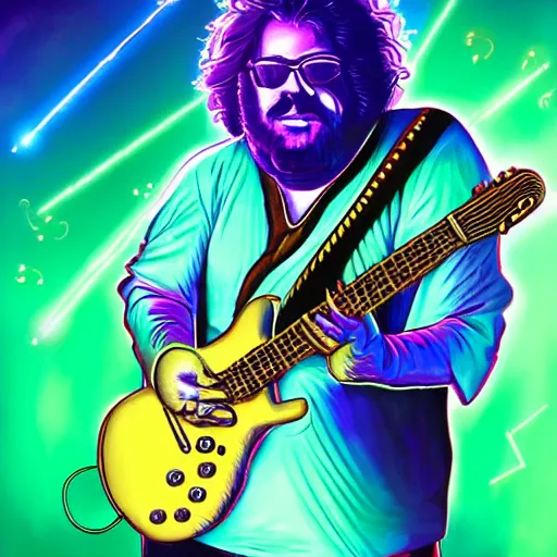 Image similar to a Jerry Garcia guitarist playing so intensely there is electricity shooting out from his guitar, energy beams under his finger tips, and magic sparkles from the freboard, amazing ditial art, trending on artstation, featured on deviantart