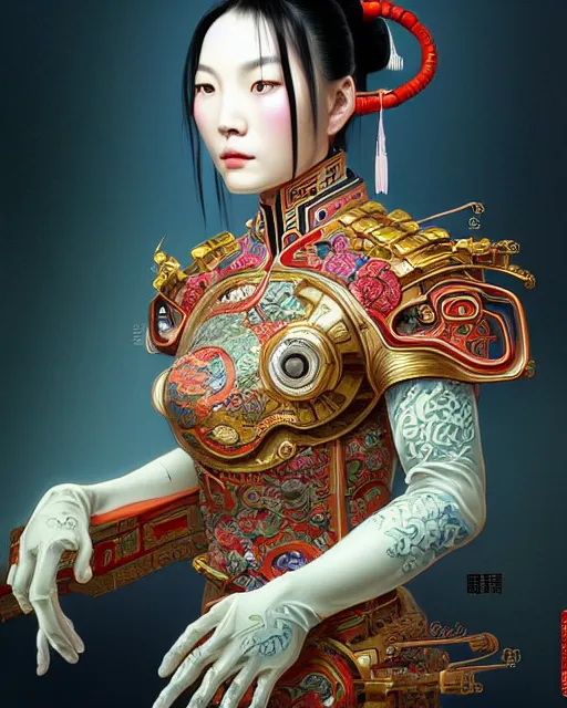 Image similar to portrait of a chinese cyberpunk machine, machine face, arms, upper half portrait, decorated with chinese opera motifs, regal, asian, fine china, wuxia, traditional chinese art intricate intense elegant 京 剧 highly detailed digital painting artstation concept art smooth sharp focus illustration, art by artgerm and greg rutkowski alphonse mucha 8 k