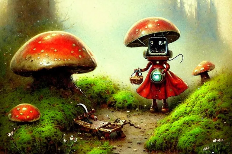 Image similar to adventurer ( ( ( ( ( 1 9 5 0 s retro future robot android mouse in forrest of giant mushrooms, moss and flowers stone bridge. muted colors. ) ) ) ) ) by jean baptiste monge!!!!!!!!!!!!!!!!!!!!!!!!! chrome red