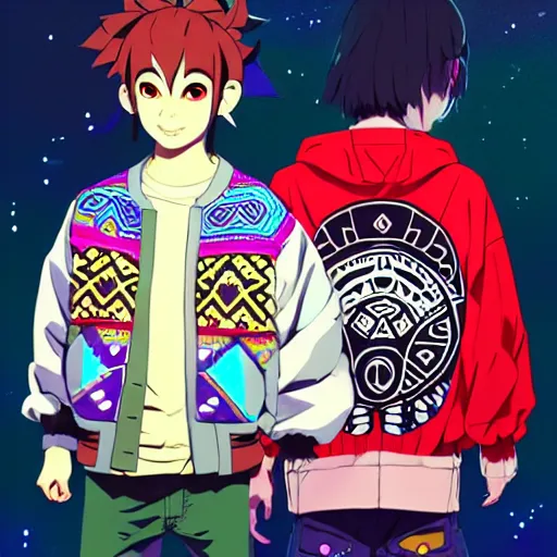 Image similar to majora majora's mask wearing oversized mayan bomber jacket with overalls, bulky poofy bomber jacket with mayan patterns, aztec street fashion, genshin impact art style, gapmoe yandere grimdark, trending on pixiv fanbox, painted by greg rutkowski makoto shinkai takashi takeuchi studio ghibli, akihiko yoshida