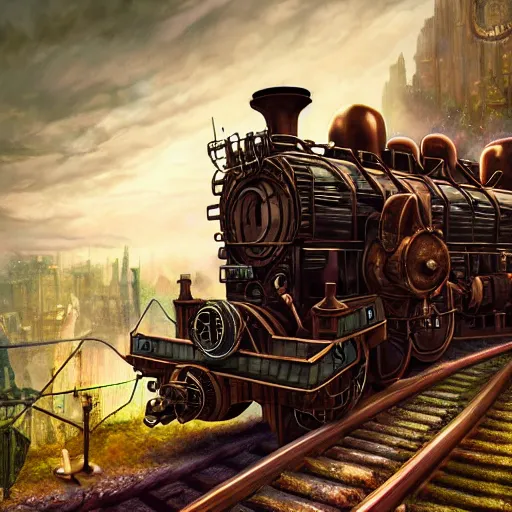 Image similar to steampunk train, details machine, detailed background, realistic moving, unreal engine, by popular digital artist, digital, artstation,, heavenly atmosphere, digital art, overdetailed art, trending on artstation, cgstudio, the most beautiful image ever created, dramatic, award winning artwork, beautiful scenery