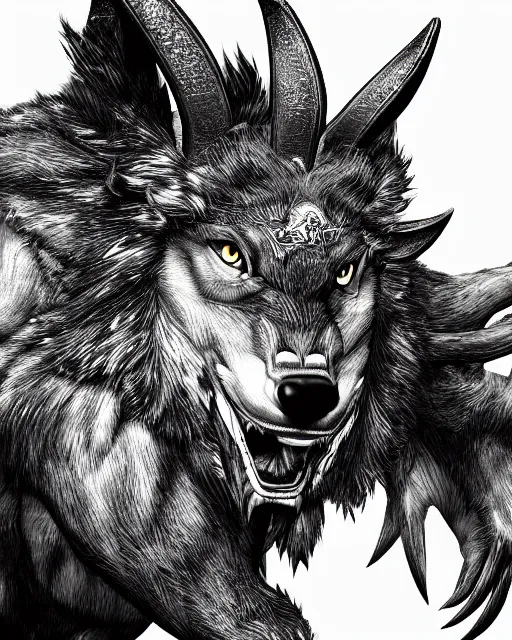 Image similar to A minotaur wolf, black and white, epic, highly detailed face, close-up, fantasy art, dragon art, in the style of masami kurumada, illustration, epic, fantasy, intricate, hyper detailed, artstation, concept art, smooth, sharp focus, ray tracing