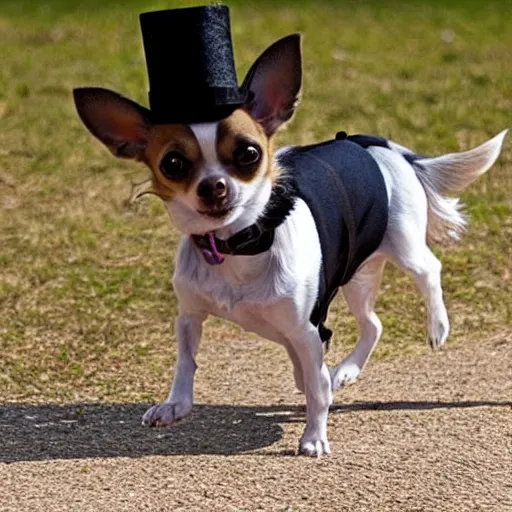 Image similar to a Chihuahua with a top hat walking a person on a tightrope