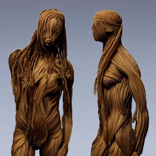 Image similar to dmt bodies. Mesh of human figures intertwined. earthen colors. The medium of this sculpture is human hair. A mess of human hair. Matted hair woven dreadlock sculpture. Tangled splitend hair. barbershop floor. Sculpted by August Rodine.