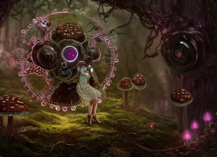 Prompt: 12mm intricate mechanical fairy with visible gears and electronics and optic Fibres sitting on top of a mushroom in a magical forest. Very detailed 8k. Fantasy cyberpunk horror. Sharp. Cinematic post-processing