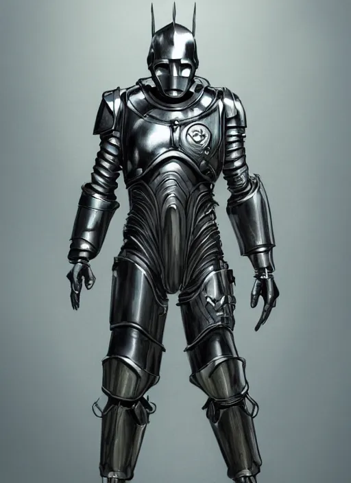 Image similar to powerful male tin man, christian bale as tinman, full body character concept, covered in full metal armor, plating, art nouveau, super powers, fantasy, intricate, elegant, highly detailed, digital painting, artstation, concept art, shining, sharp focus, illustration, art by stanley lau