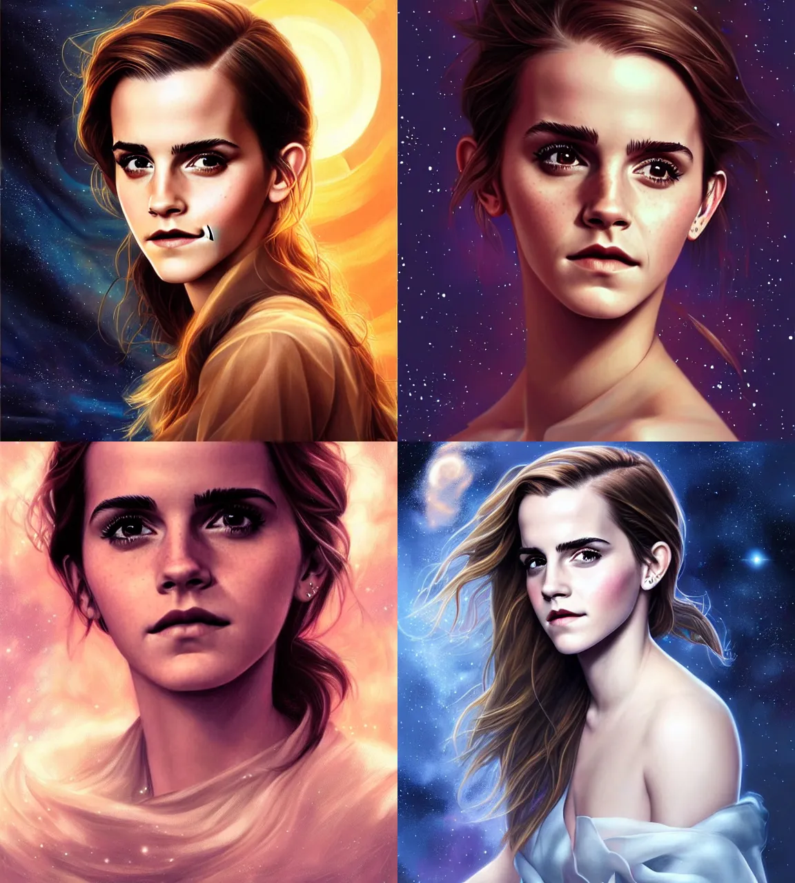 Prompt: portrait of emma watson drawn by artgerm, stars in the night sky background, digital artwork by karol bak and rhads