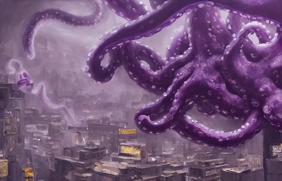 Image similar to aerial!!!! view looking down on a giant purple octopus monster moving through!!! buildings in a dark, dim, detailed city, extremely detailed!!! oil painting, dull palette, dramatic lighting, trending on artstation