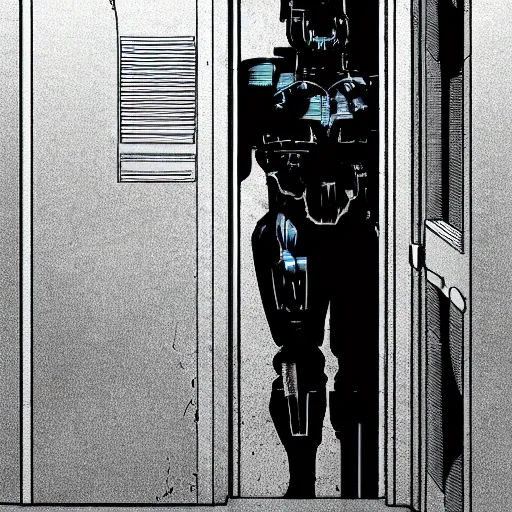 Prompt: cybernetic bane crossed arms standing in a doorway cyberpunk comic book style