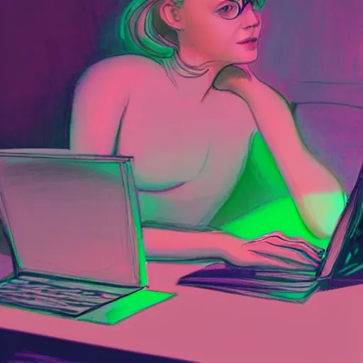 Prompt: Elle Fanning hacking a computer, dreamscape, dramatic green lighting, ink illustration