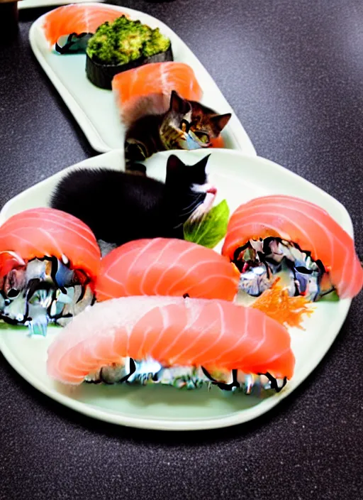 Image similar to clear photograph of cute cats stealing sushi from sushi plates