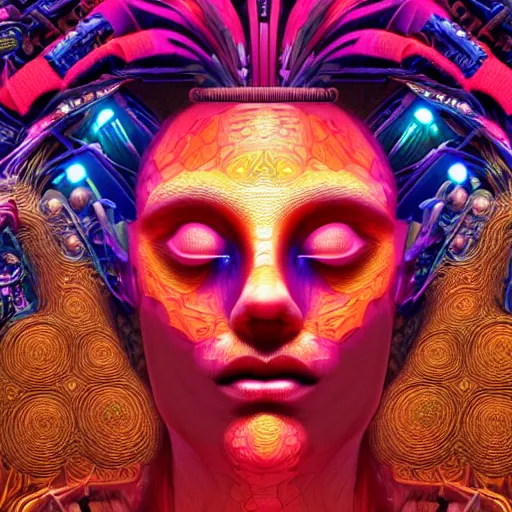 Image similar to Face of an Alien Deity, centered, corals, plume made of geometry, extremely detailed digital painting, sharp focus in the style of android jones, artwork of a futuristic artificial intelligence superstar with frames made of detailed circuitry , mystical colors, rim light, beautiful lighting, 8k, stunning scene, raytracing, octane, under water visual distortion, dark tones colors, trending on artstation