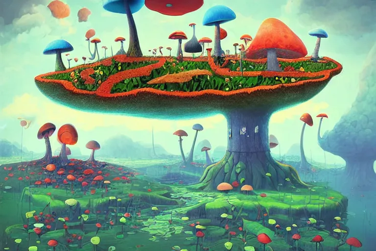Prompt: surreal mushroom kingdom, floating island in the sky, waterpipes in the ground, summer morning, very coherent and colorful high contrast, art by!!!! gediminas pranckevicius!!!!, geof darrow, dark shadows, hard lighting