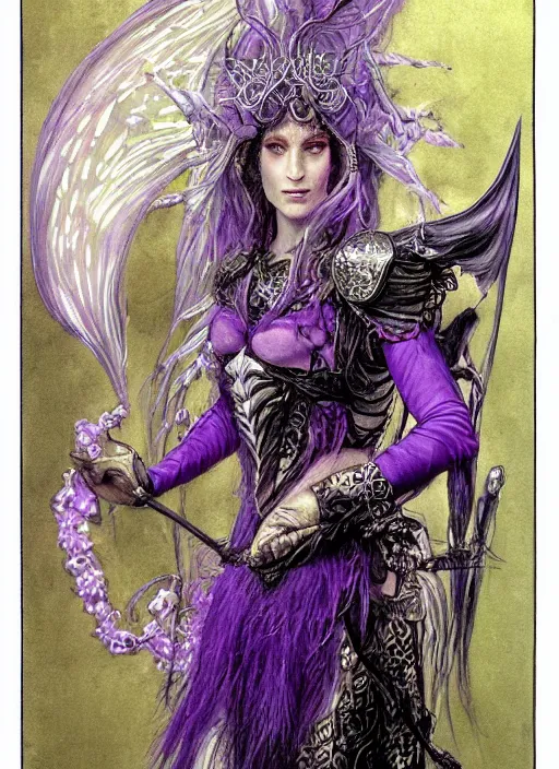 Image similar to portrait of young female prophetess of the endtimes, transluscent skin, silver filigreed armor, lavender hair, beautiful! coherent! dungeons and dragons character, by brian froud, strong line, cool night color, high contrast