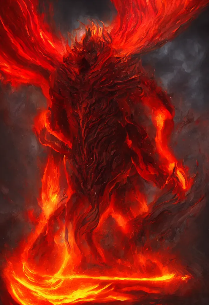 Image similar to fiery god as a demon in a fiery hell, eerie, dark, magical, fantasy, trending on artstation, digital art.