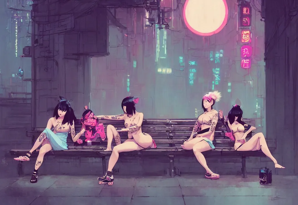 Prompt: two seductive asian women sitting on a bench in punk attire covered in tattoos, fantasy, by atey ghailan, by greg rutkowski, by greg tocchini, by james gilleard, by joe gb fenton, by kaethe butcher, dynamic lighting, gradient light blue, pink, blonde cream and white color in scheme, cyberpunk aesthetic