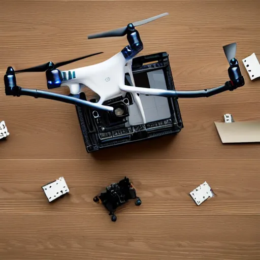 Image similar to realistic photograph of a drone sitting in a box, surrounded by other drone parts scattered over the floor