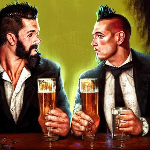 Prompt: a couple of hulking herculean incredibly handsome men sharing drinks in a pub with romantic chemistry, punk fashion, mohawks, highly detailed, dramatic lighting, digital painting by norman rockwell