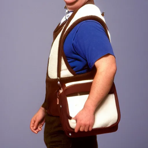 Image similar to close up headshot of a frowning clean shaven pudgy British lad with short curly dark brown hair as a hobbit wearing a white men's crossbody sling chest bag and blue vest, blue vest!! white crossbody chestbag!! high resolution film still, by Alexandra Nataf