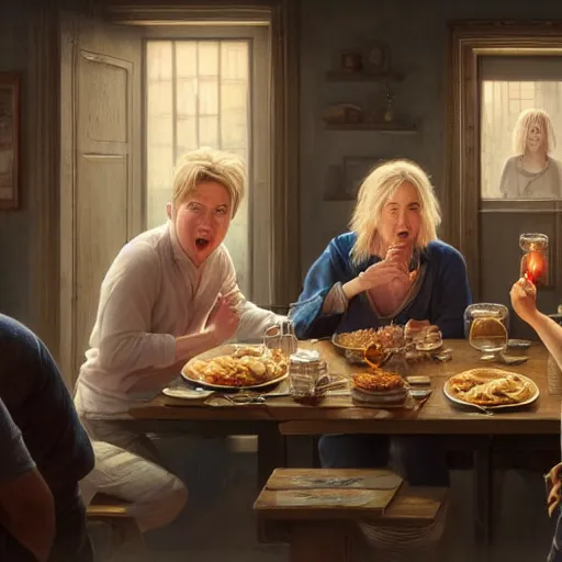 Prompt: michael mcintyre and middle aged blonde woman with short hair and a blonde woman with long hair having dinner at sunday in brooklyn, anatomy, bathed in light, highly detailed, photorealistic, artstation, smooth, sharp focus, illustration, unreal engine 5, 8 k, art by artgerm and greg rutkowski and edgar maxence