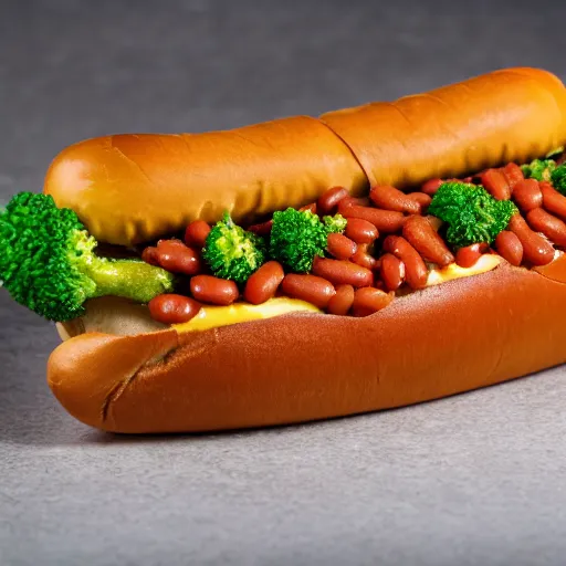 Image similar to commercial photo of a delicious hot dog, with baked beans, mustard, ketchup, broccoli and legos on top, detailed, uhd, 8k,