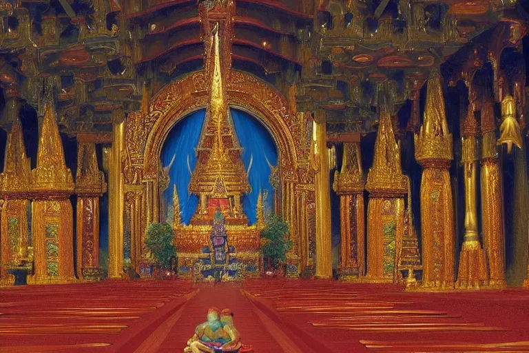 Prompt: megachurch!! Thai Buddhist temple, cavernous interior wide shot, ornate!!, dark rich!! colors, concept artwork by Thomas Cole and Tim Hildebrandt