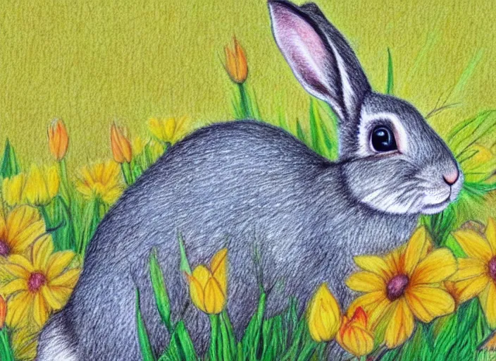 Prompt: rabbit, flowers, serene, happy, artwork, colored pencil, detailed, stylized