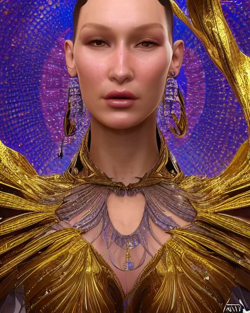 Image similar to a highly detailed metahuman 8 k close up render of bella hadid renaissance in iris van herpen dress schiaparelli in diamonds crystals swarovski and jewelry iridescent in style of alphonse mucha gustav klimt trending on artstation made in unreal engine 4