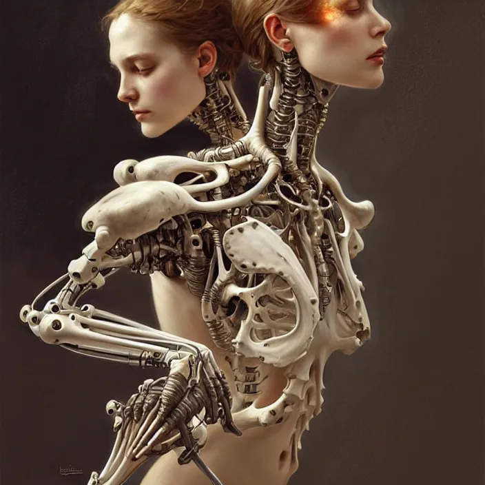 Prompt: bone cyborg, diffuse lighting, fantasy, intricate, elegant, highly detailed, lifelike, photorealistic, digital painting, artstation, illustration, concept art, smooth, sharp focus, art by john collier and albert aublet and krenz cushart and artem demura and alphonse mucha