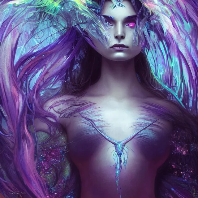 Prompt: detailed portrait of beautiful dark witch made of iridescent smoke, dark fantasy, sharp focus, vibrant, vivid, magical shiny skin, symmetry, highly detailed, 4 k digital painting, detailed skin, iridescence reflecting, crystal particles, magical, raytracing, plasma, artistic, concept art by dylan cole and jordan grimmer, alphonse mucha, unreal engine render,