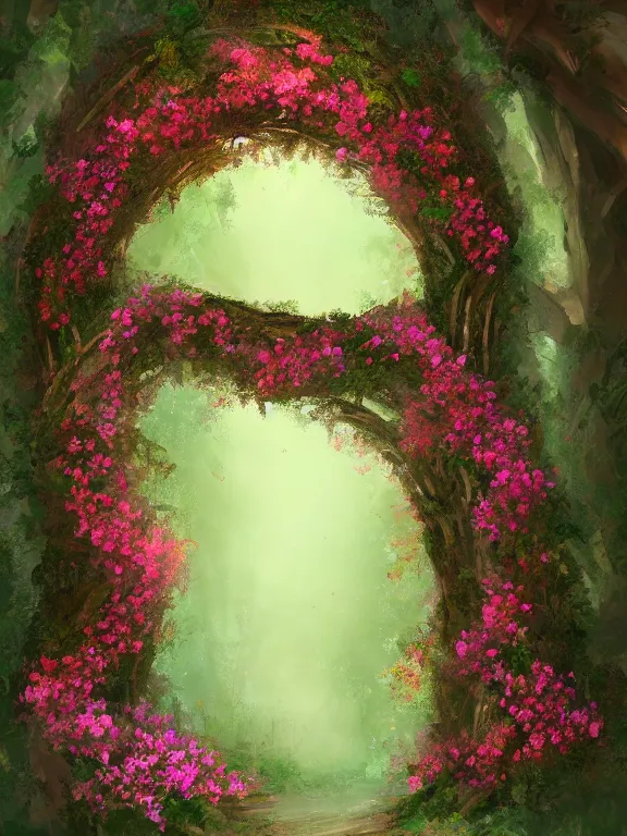 Image similar to A beautiful digital illustration painting of a floral archway in the woods , 8k resolution deviantart trending on Artstation concept art digital illustration