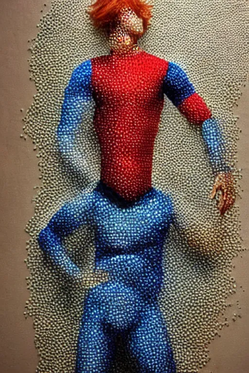 Prompt: a scene depicting a red haired character wearing a diy suit made from foam, pointillism, super detailed, beautiful light