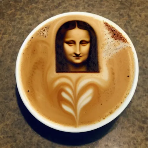 Prompt: Coffee Latte art of the Mona Lisa by master barista DSLR artstation food photography