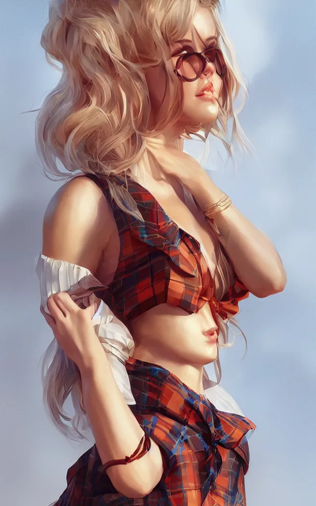 Image similar to a beautiful woman with sultry honey eyes, wearing plaid pleat shorts and drawstring shirred tube top, stunning, highly detailed, digital painting, artstation, hard focus, art by artgerm and wlop