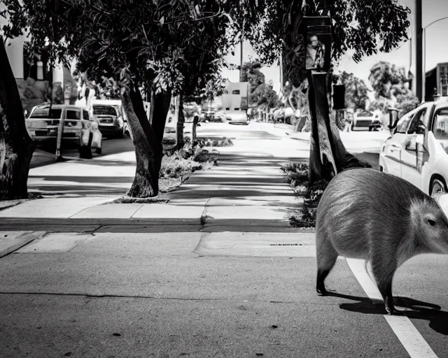 Prompt: a capybara walking in the streets of los angeles, street photography, black and white