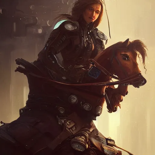 Prompt: scifi dynamic character portrait Painting of a futuristic pirate riding a horse, dystopian mood, intricate, wild, highly detailed, digital painting, artstation, concept art, smooth, sharp focus, illustration, art by artgerm and greg rutkowski and alphonse mucha and roger deakins