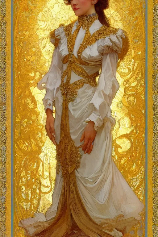 Image similar to portrait of a girl wearing an ornate gold and white dress, full body shot, highly detailed fantasy artstation artgerm alphonz mucha