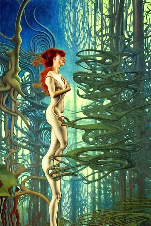 Image similar to realistic detailed painting of the beautiful nike sneaker, futuristic sci-fi forest on background by Jean Delville, Amano, Yves Tanguy, Alphonse Mucha, Edward Robert Hughes, Roger Dean, rich moody colours, blue eyes