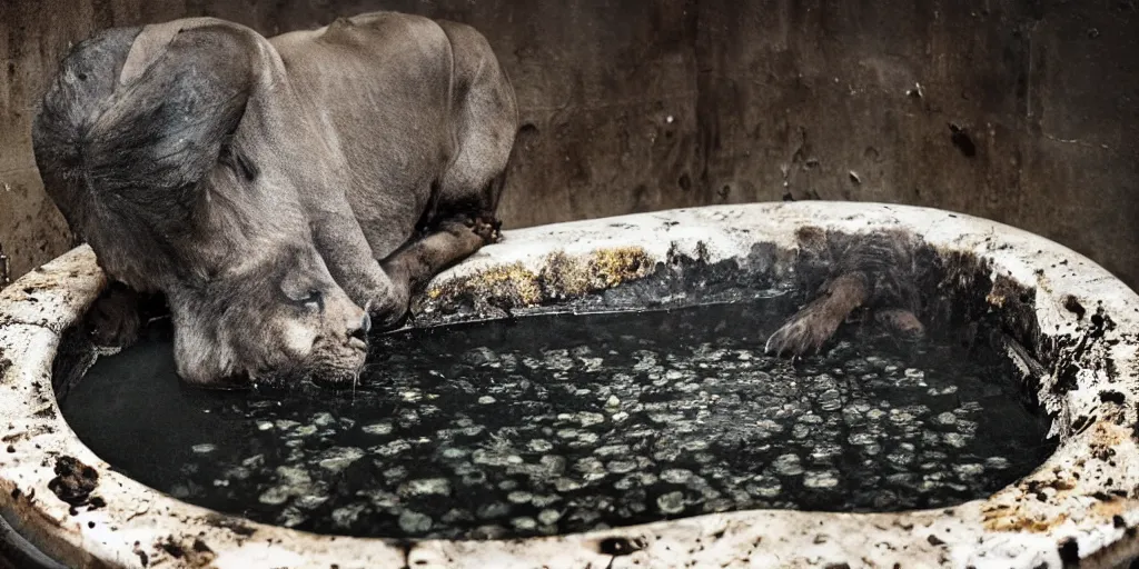 Image similar to a black lioness made of ferrofluid bathing inside the bathtub full of tar, covered with tar. dslr, photography, realism, animal photography, color