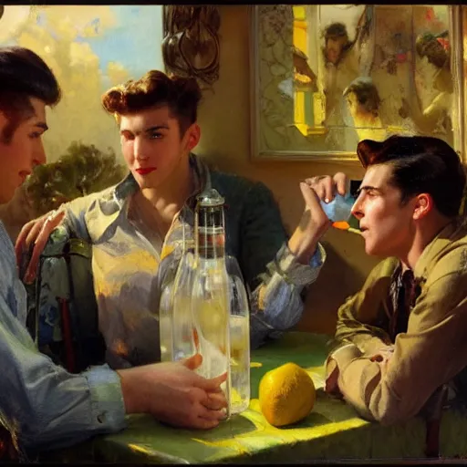 Image similar to three male teens wearing rockabilly outfits and eating lemon popsicles while looking at a woman by gaston bussiere, craig mullins, j. c. leyendecker 8 k