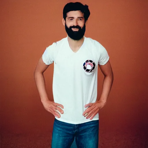 Prompt: realistic photoshoot for a new soccer player, bearded, short hair, brown eyes, maniacal smile, color film photography, portrait of a beautiful person, in style of Campbell Addy, 35mm